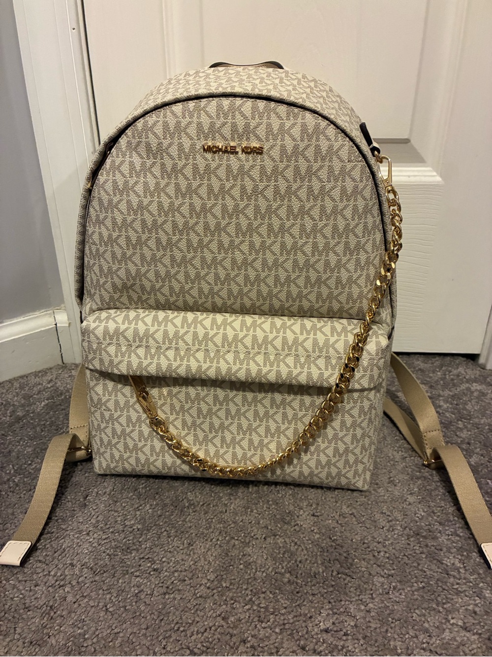 Michael Kors Cream Logo Canvas Backpack with Gold Chain